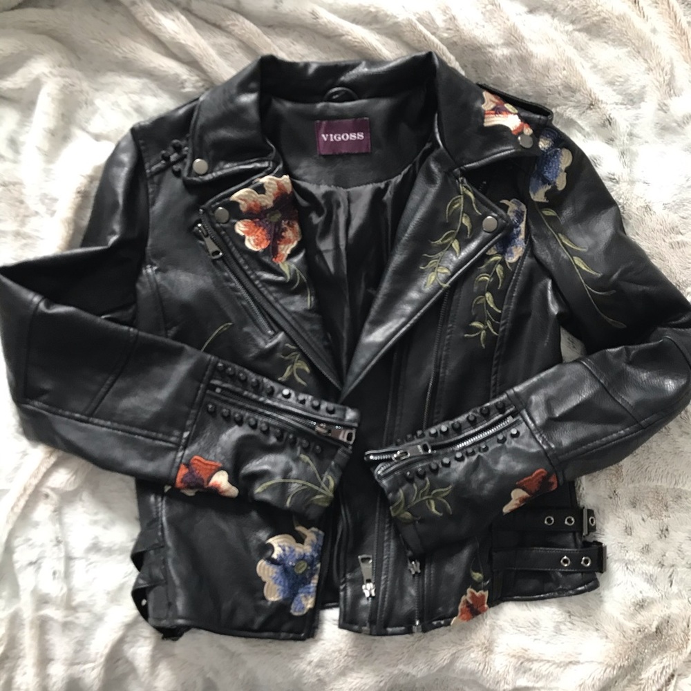 Vigoss Floral Embroidered Faux Leather Jacket